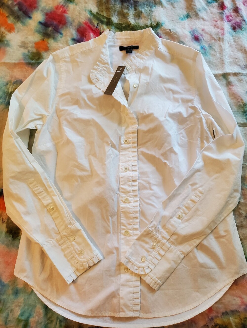 J. Crew White Ruffle-Trim Button Front Blouse